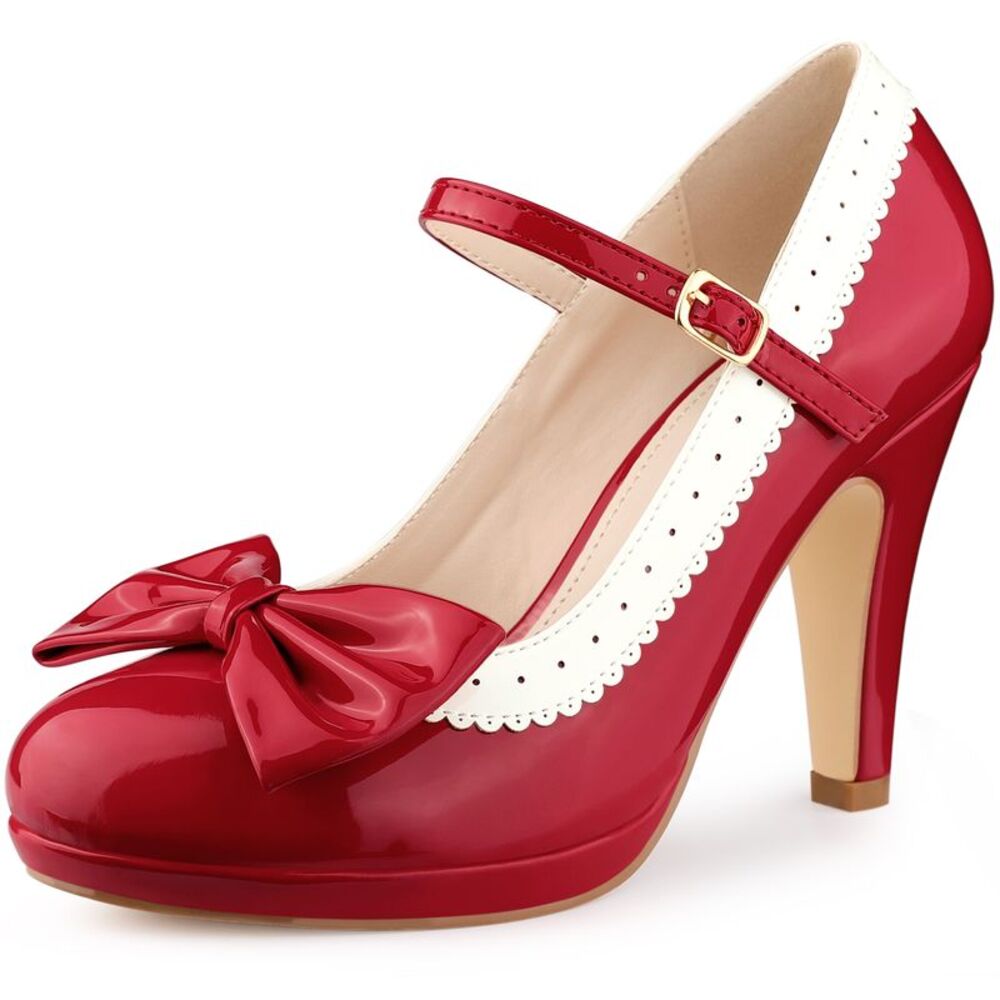 Bow Patent Mary Jane Shoes Platform Dress Shoes Stiletto Heels Pumps Red